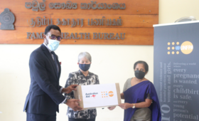 Picture depicts representatives of UNFPA and the Australian High Commission handing over kits to the Representative of the FHB