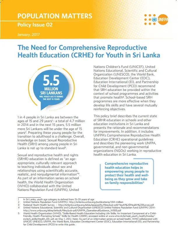 Comprehensive Reproductive Health Education (CRHE) for Youth in Sri Lanka